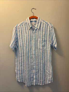 Porter & Ash Light Blue & White Linen Stripe Short-Sleeve Button-Down Shirt